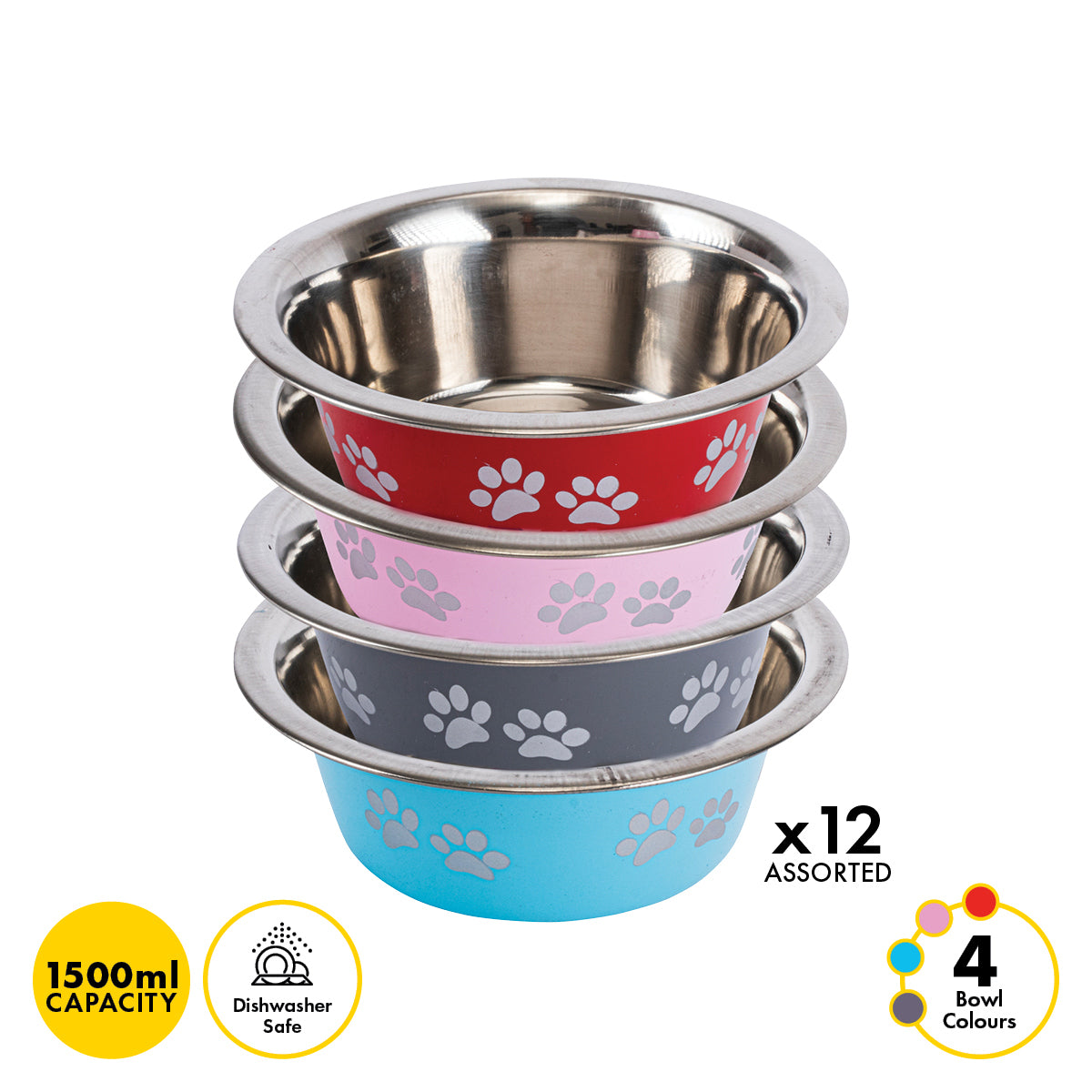 Pet Basic 12PCE Pet Bowl 20cm Stainless Steel Coloured With Paw Prints 1500ml
