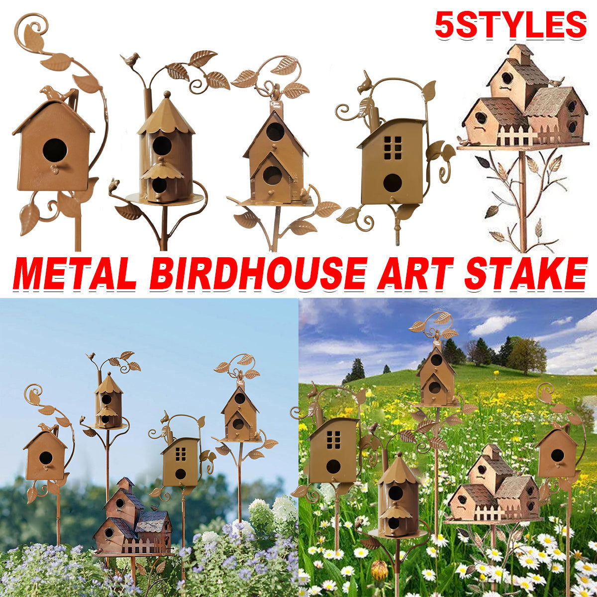 Birdhouse Garden Stakes Outdoor Yard Ornaments for Lawn and Garden Decoration - A