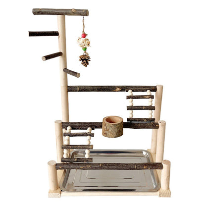 Wooden Parrot Stand Pole Interactive Bird Stand with Food Bowl Climbing Ladder