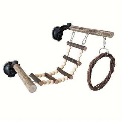 Wooden Parrot Stand Climbing Ladder Swing Toy for Birds Cage Play Accessories - Nut Washer Fixed Type