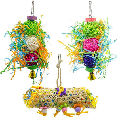 3PCS Bird Parrot Shredding Toys Chewing Foraging Hanging Cage Shredder Bell Toys