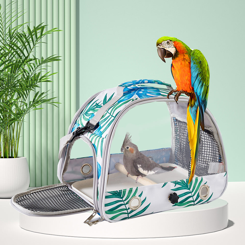 Stylish Leaf Print Clear View Bird Carrier - Portable Travel Cage with Perch & Tray for Parrots, Cockatiels & Small Pets