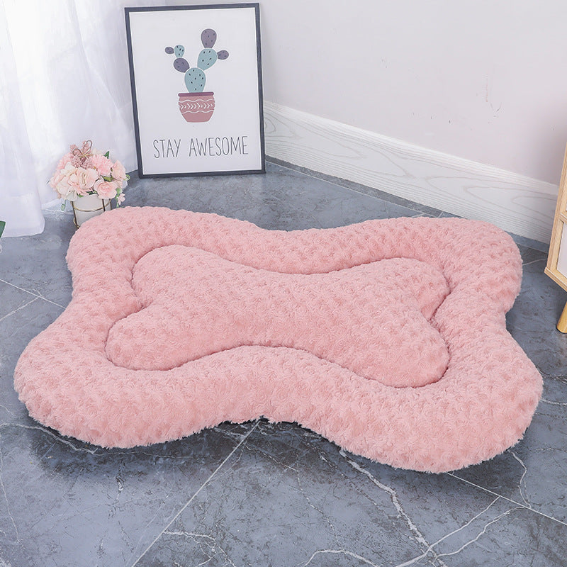 L Pink Rose Velvet Fish Scale Pet Bed - Creative Bone-Shaped Soft and Cozy Dog & Cat Nest