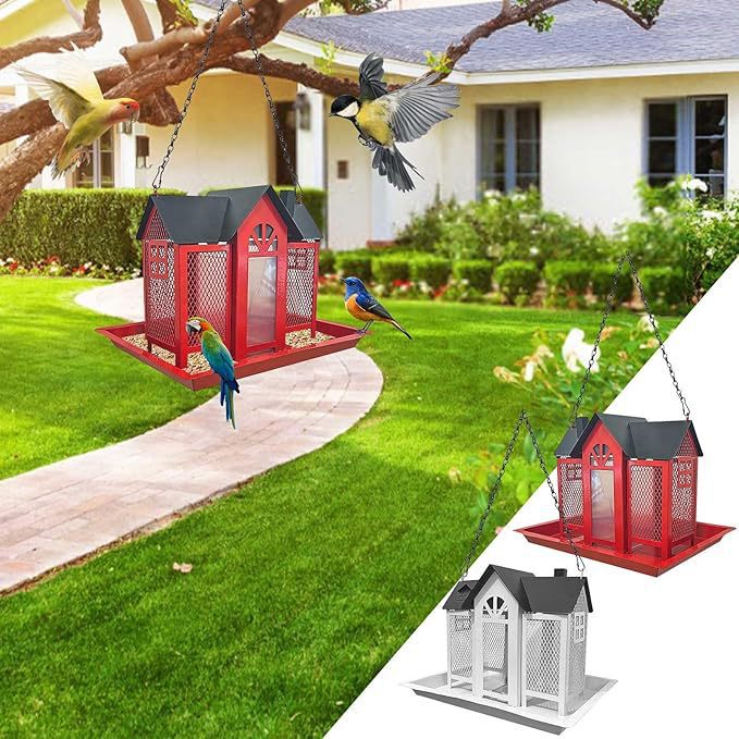 Charming House-Shaped Hanging Bird Feeder - Durable Metal Design for Wild Birds(white)