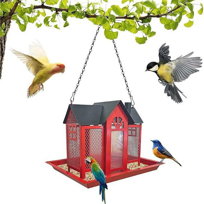 Charming House-Shaped Hanging Bird Feeder - Durable Metal Design for Wild Birds(red)