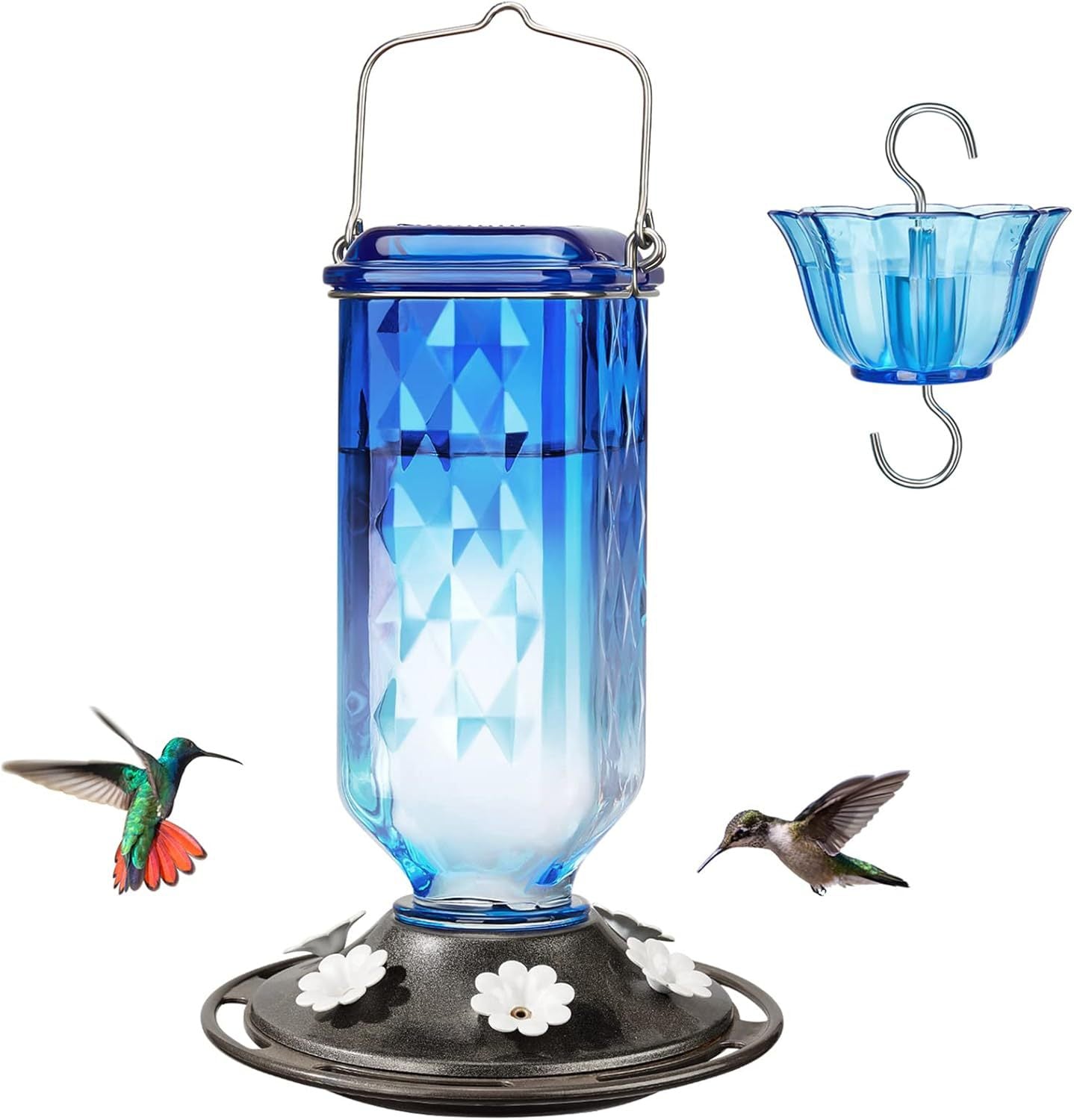 Elegant Hanging Hummingbird Feeder - Decorative Plastic Nectar Bottle with Ant Moat, 6 Feeding Ports(Blue)