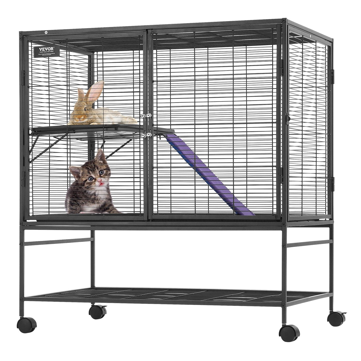 VEVOR 39 Metal Small Animal Cage 2-Tier Rolling Ferret Cage with Tray A Ramp"