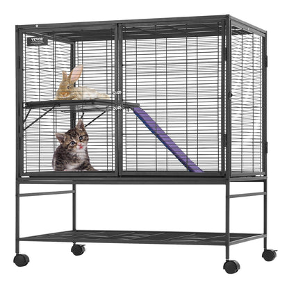VEVOR 39 Metal Small Animal Cage 2-Tier Rolling Ferret Cage with Tray A Ramp"