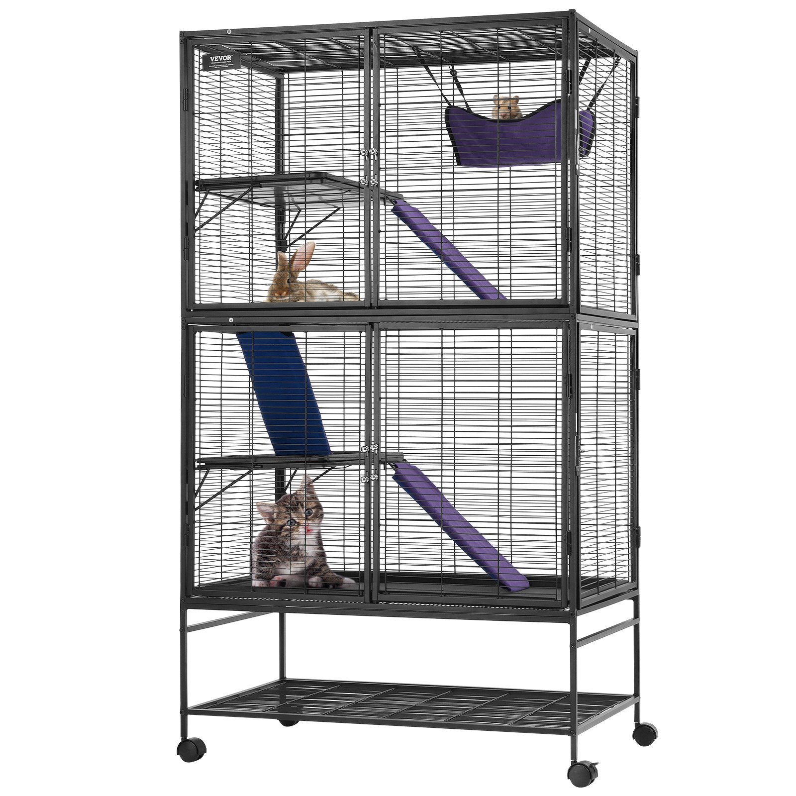 VEVOR 64.6 Metal Small Animal Cage 4-Tier Rolling Ferret Cage with Tray 3 Ramps"