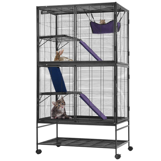VEVOR 64.6 Metal Small Animal Cage 4-Tier Rolling Ferret Cage with Tray 3 Ramps"