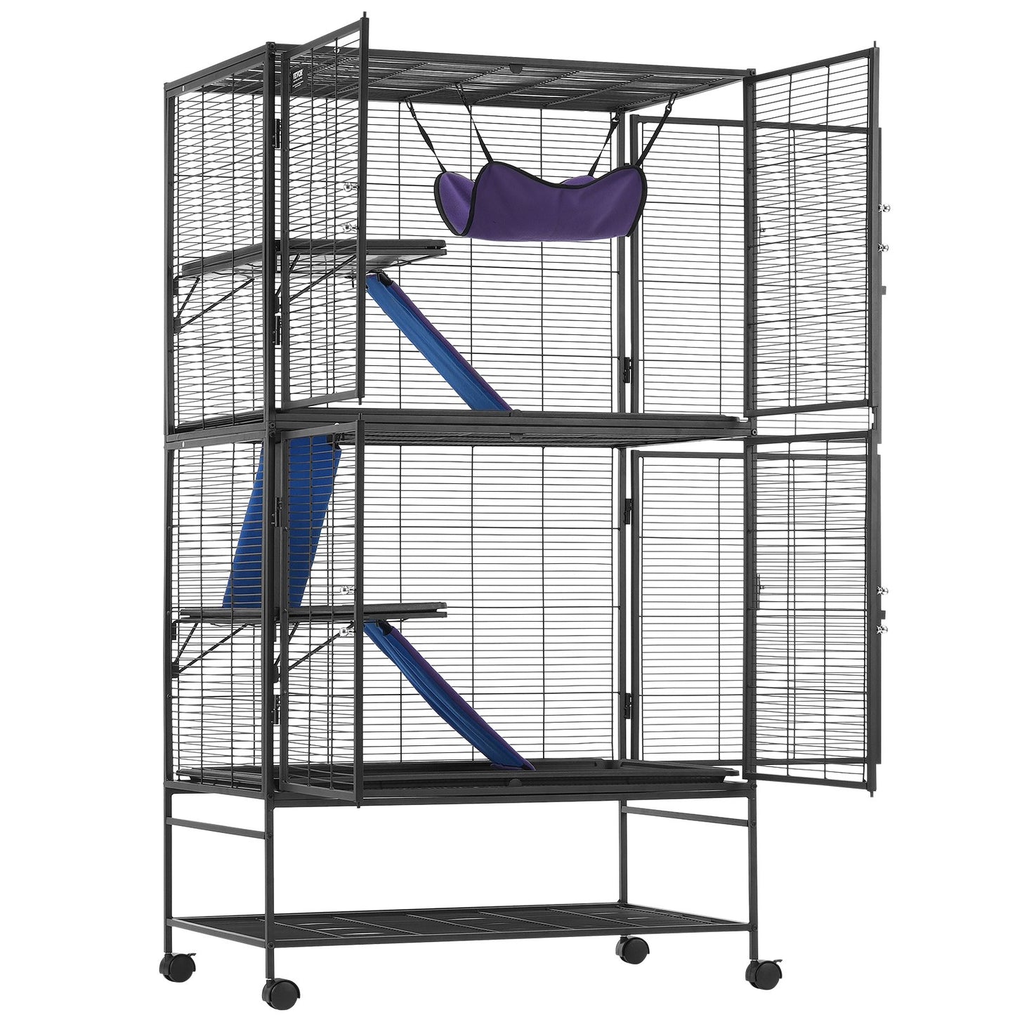 VEVOR 64.6" Metal Small Animal Cage 4-Tier Rolling Ferret Cage with Tray 3 Ramps