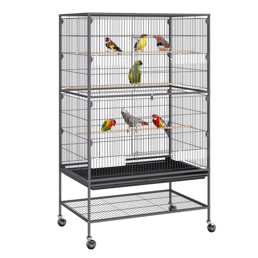 VEVOR 52 inch Standing Large Bird Cage, Carbon Steel Flight Bird Cage for Parakeets, Cockatiels, Parrots, Macaw with Rolling Stand and Tray